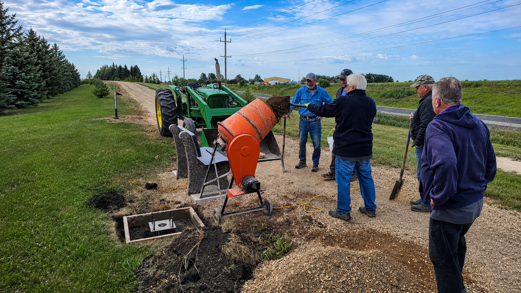 Grandview Area Men's Shed members working together on a concrete project
